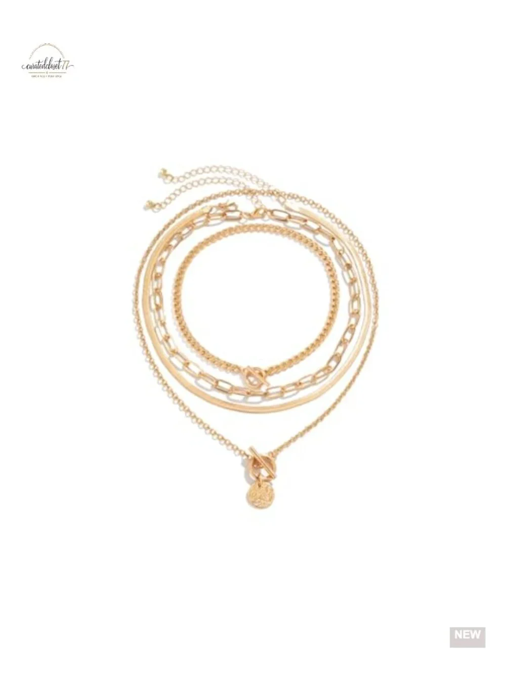 Gold Layered Stack Necklace Set, Cuban Coin Medallion Pendant Choker